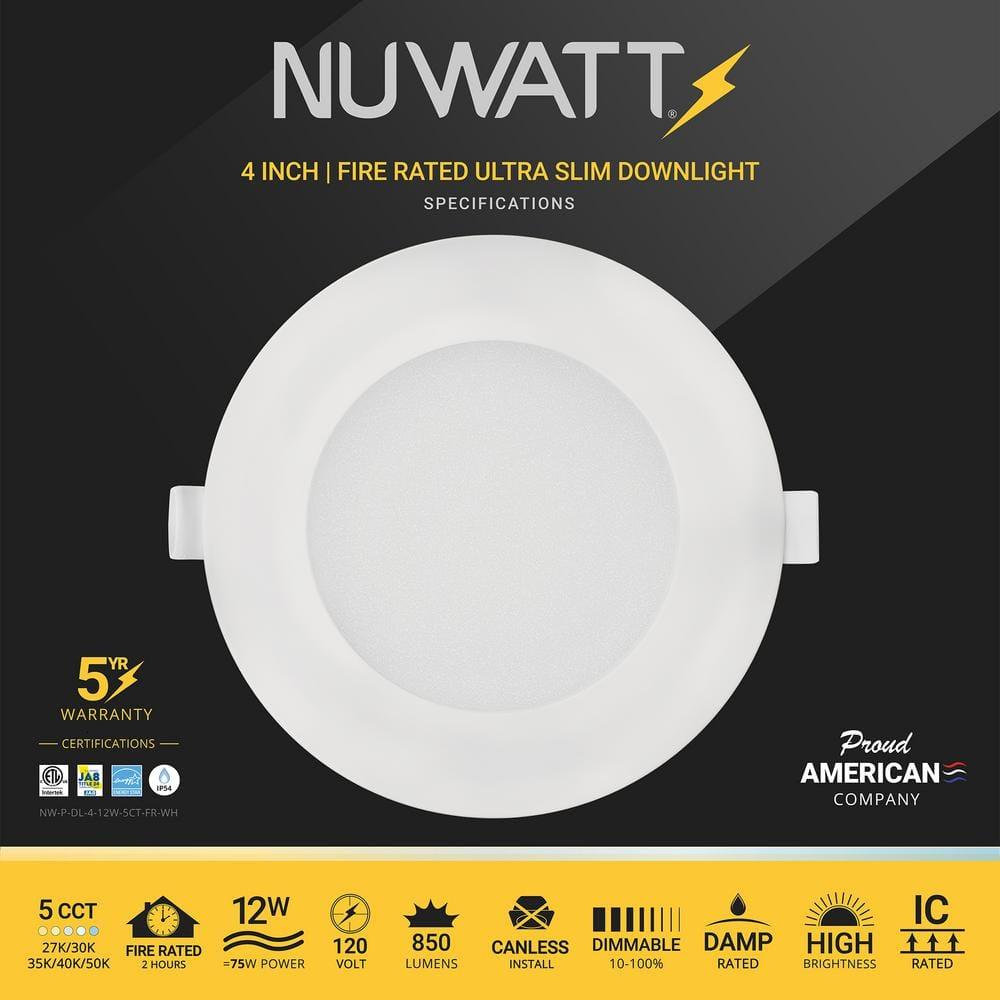 4 in. 2 HOUR Fire Rated Slim Canless LED Recessed Light 12W 5CCT 27K-50K Dimmable IC Rated 6PK