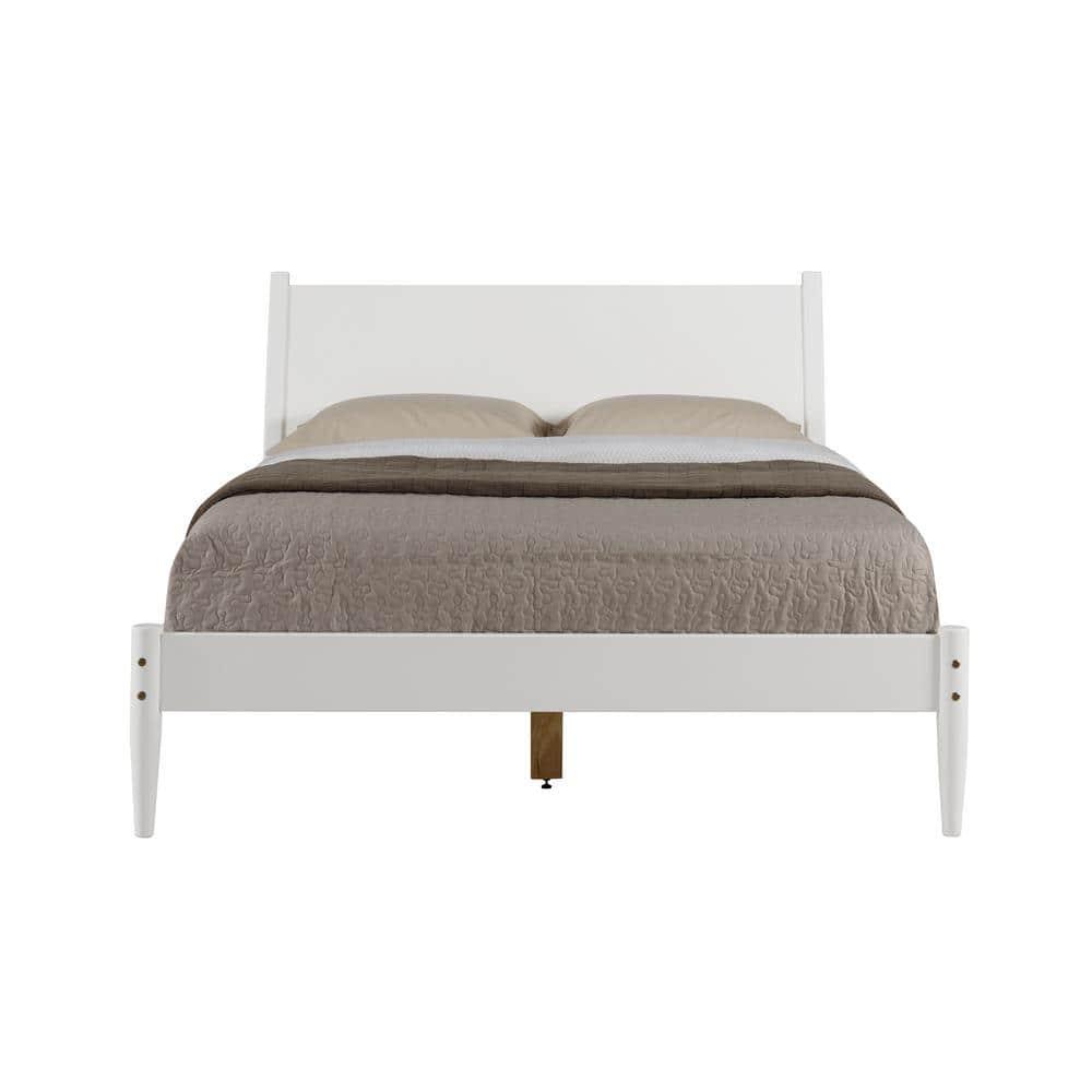 Camaflexi Mid Century Platform Bed Wood Panel Bed Frame with Headboard, Queen, White