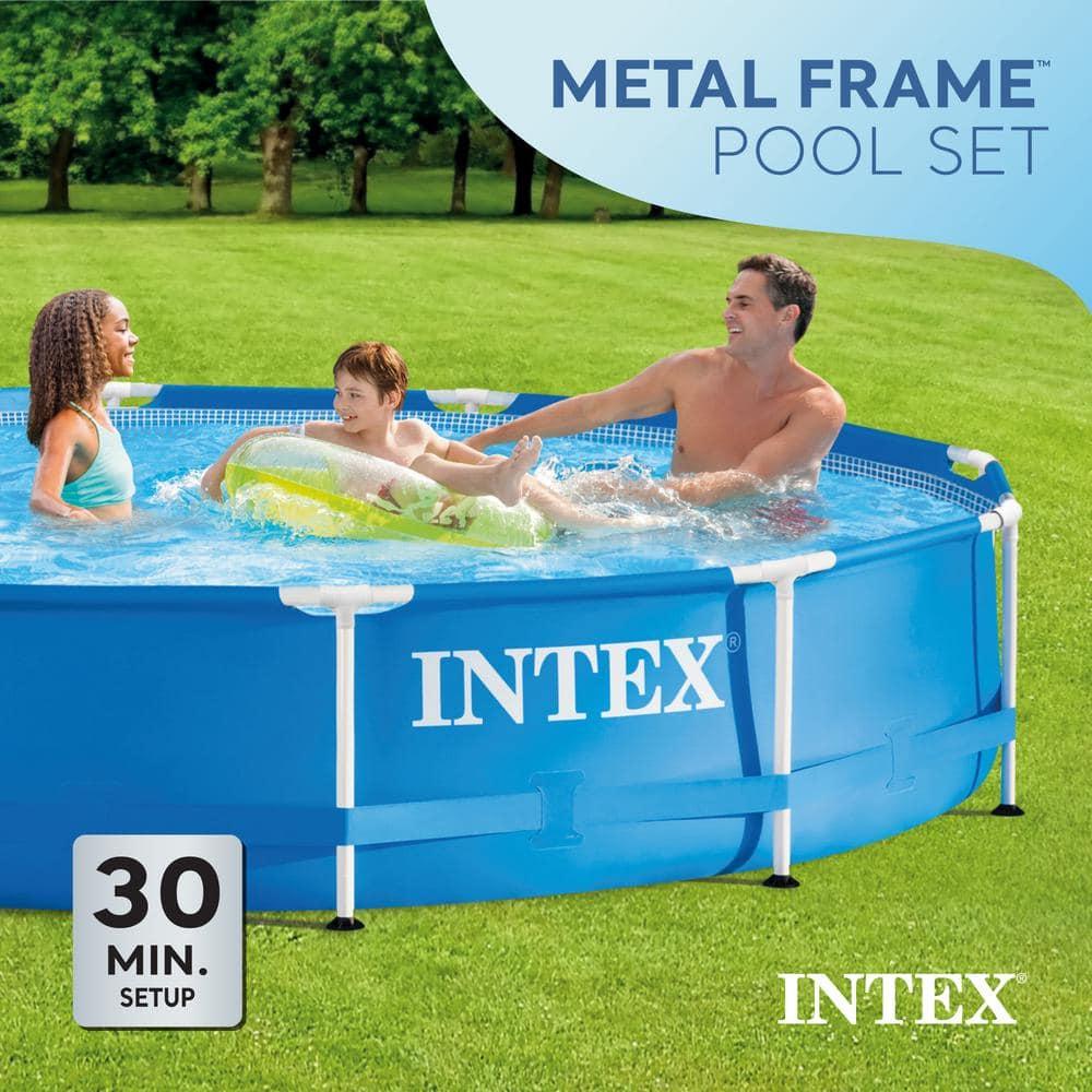 Intex 12 Foot x 30 Inch Round Metal Frame Above Ground Outdoor Swimming Pool Set with Filter Pump and Easy Set Round Vinyl Pool Cover, Blue