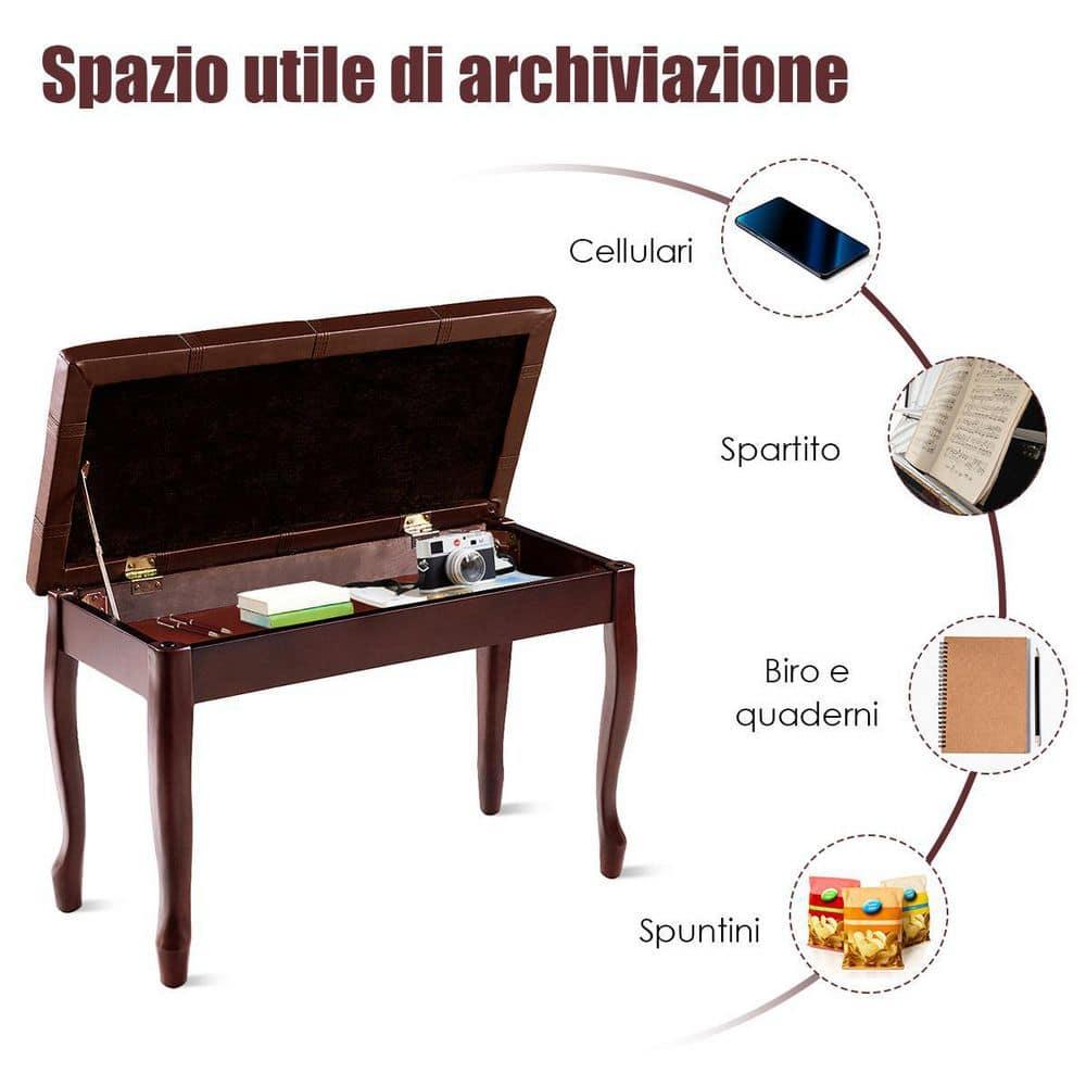 Costway Solid Wood Piano Bench PU Leather Keyboard Seat Storage Brown