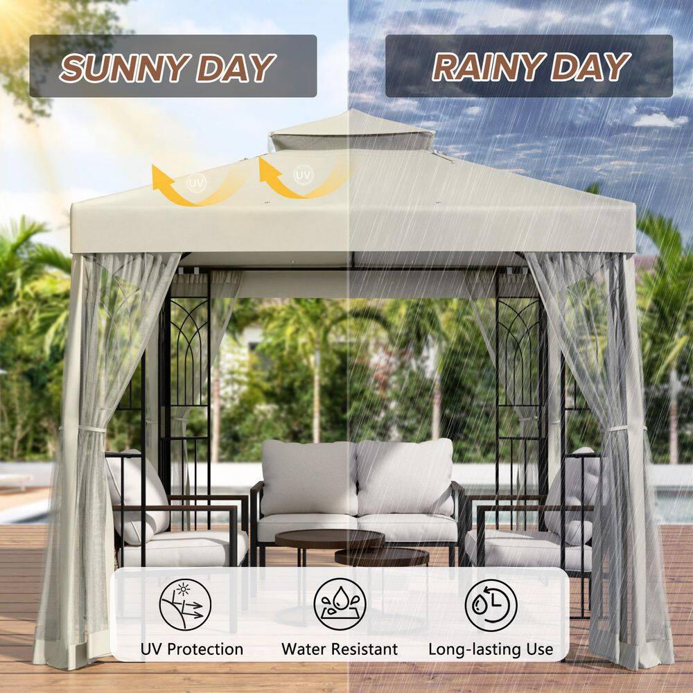 COOS BAY 8 Ft. W x 8 Ft. D Steel Frame Vented Soft Top Patio Gazebo with Mesh Netting, Corner Shelves