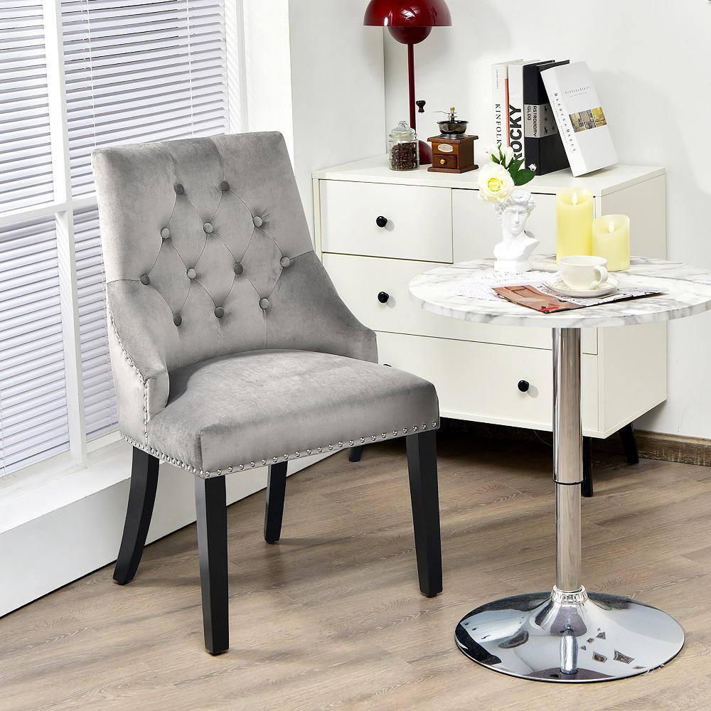 Velvet Dining Chair Upholstered Tufted Armless w/ Nailed Trim & Ring Pull Grey