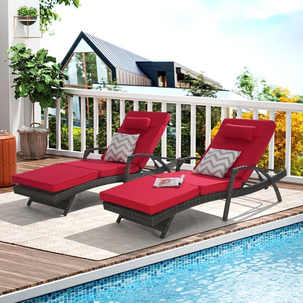 PAPROOS Outdoor Chaise Lounge Chair Set of 2, Rattan Patio Chaise Lounge Chair with Cushion and Arms, Modern 5-Positions Adjustable Outdoor Lounger Recliner for Poolside, Garden, Backyard, Red