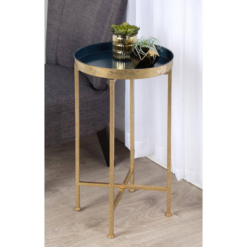 Kate and Laurel Celia Round Metal Tea Table, 14x14x25.75, Gold and Navy Blue
