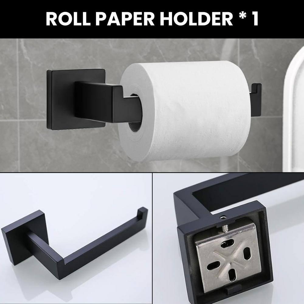 Stainless Steel Matte Black Bathroom Hardware Accessories - 5 Piece Set with 16 inch Square Towel Bar, Towel Rack & Holder