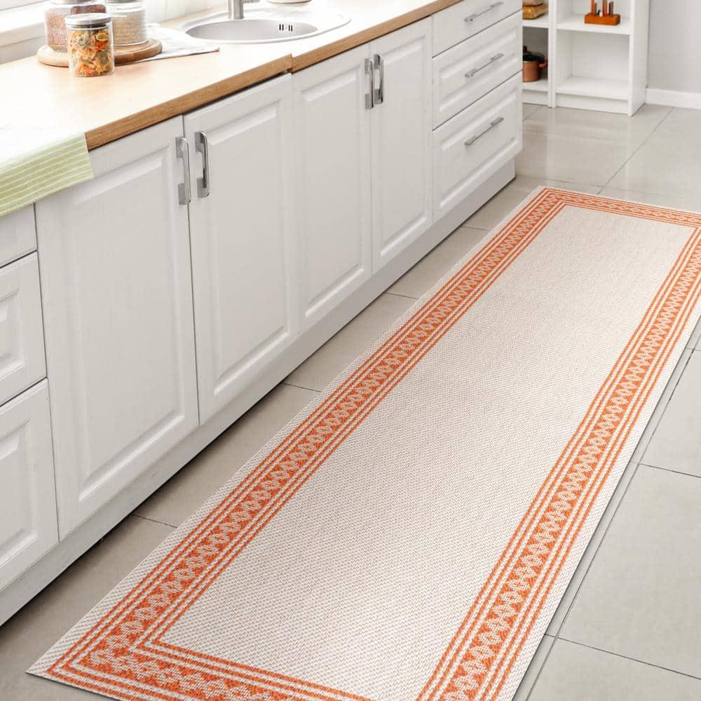 2' x 8' Lucia Classic Diamond Border Indoor/Outdoor Runner Rug, Cream/Orange - JONATHAN Y