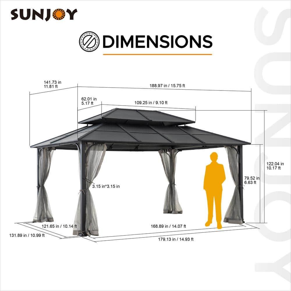 Sunjoy Sunjoy Hardtop Gazebo 12 x 16 ft. Outdoor Gazebo, Heavy Duty Steel Frame Gazebo, Double Tiered Metal Gazebo with Ceiling Hook and Removable Netting Sidewalls