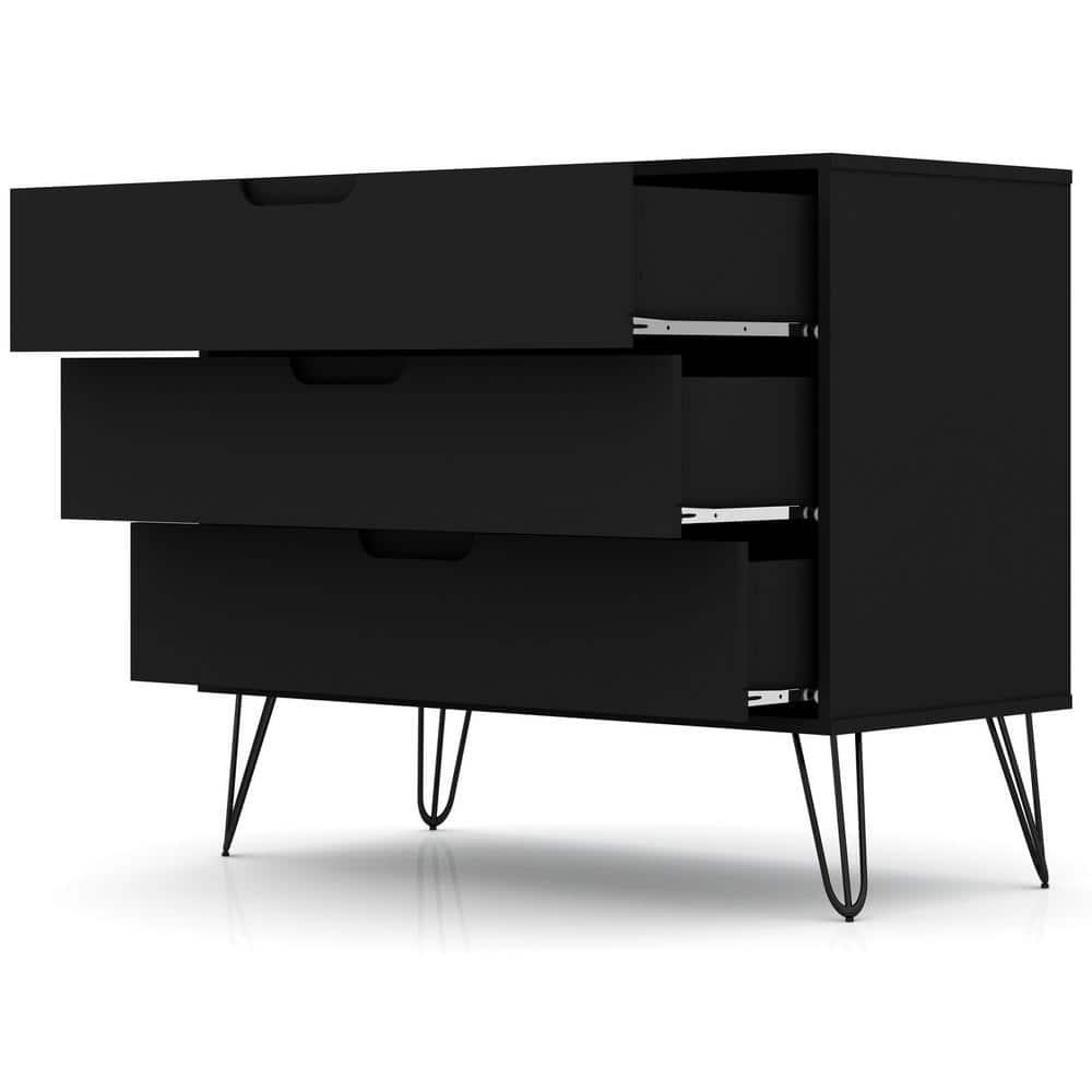 Rockefeller Dresser Black - Manhattan Comfort: MDF Composite Frame, 3-Drawer Storage for Bedroom