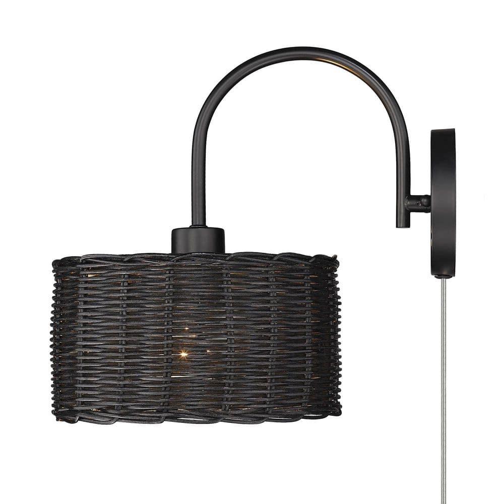 Golden Lighting Erma 1-Light Wall Sconce in Matte Black with Black Wicker