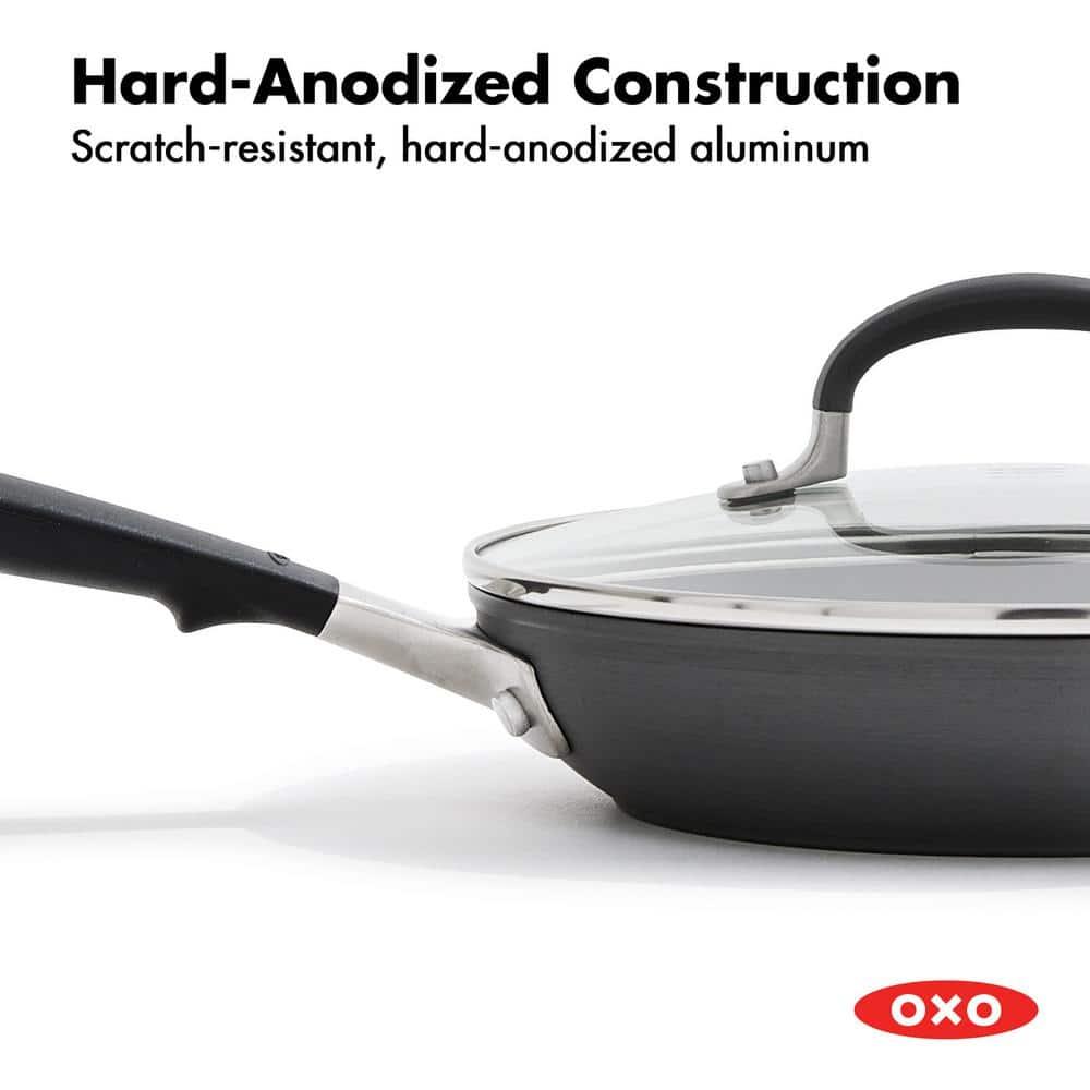 OXO Good Grips 11" Frying Pan Skillet with Lid, 3-Layered German Engineered Nonstick Coating, Stainless Steel Handle with Nonslip Silicone, Black