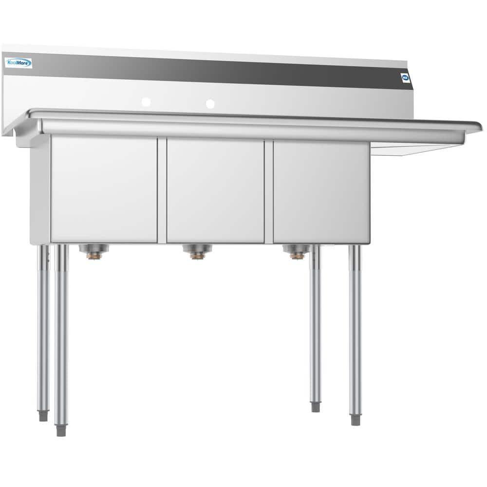 KoolMore 51 in. Three Compartment Stainless Steel Commercial Sink with Drainboard, Bowl Size 12"x 16"x 10"