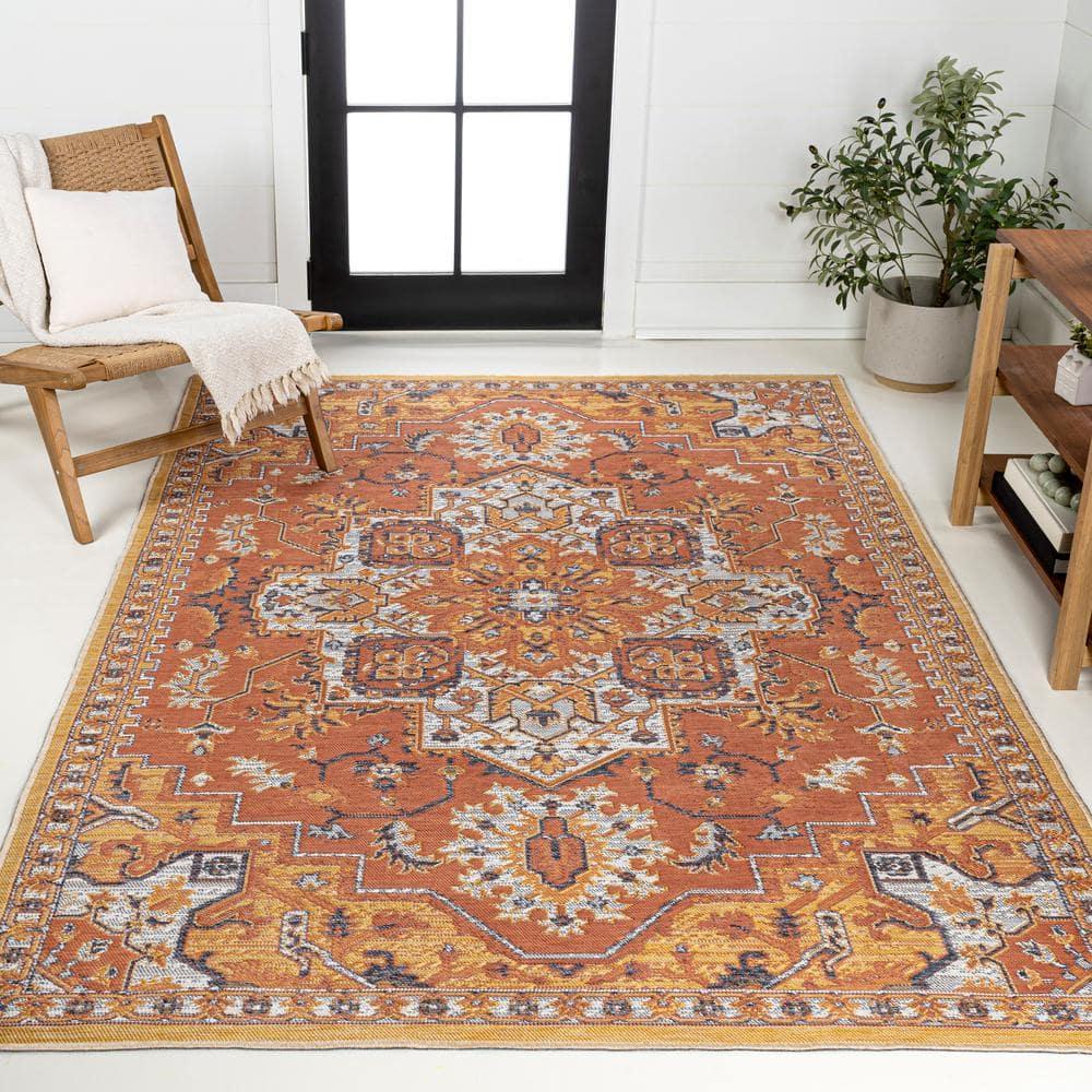 JONATHAN Y Bijan Traditional Vintage Medallion Reversible Machine-Washable Terra/Blue/Cream 3 ft. x 5 ft. Indoor/Outdoor Area Rug