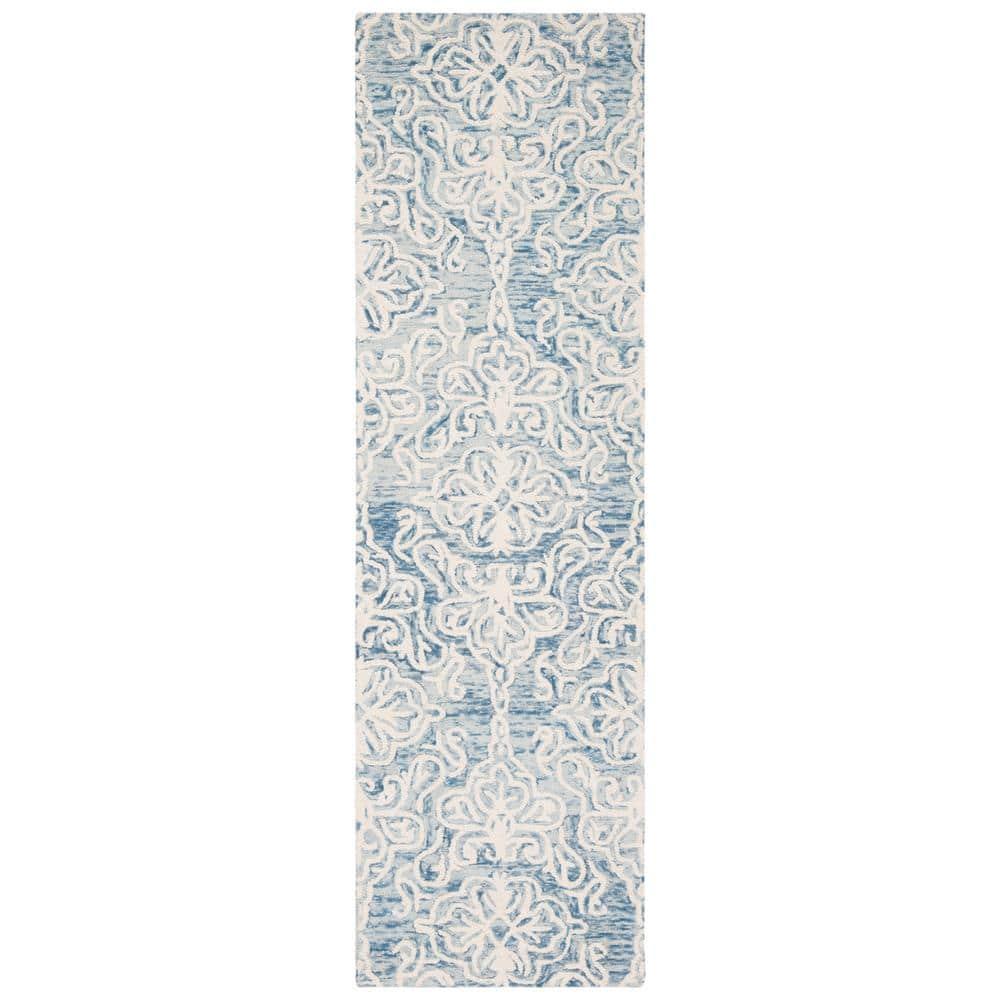 SAFAVIEH Blossom Asher Geometric Wool Runner Rug, Blue/Ivory, 2'3" x 6'