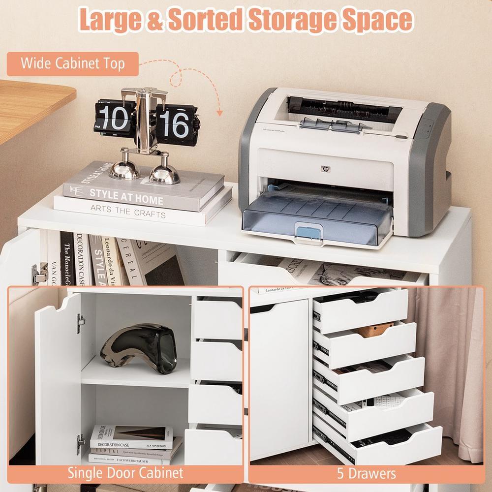 5-Drawer Chest with 1 Door, Wooden Chest of Drawers Storage Dresser Cabinet with Wheels, Office Organization and Storage, Bedroom Furniture (White-S)