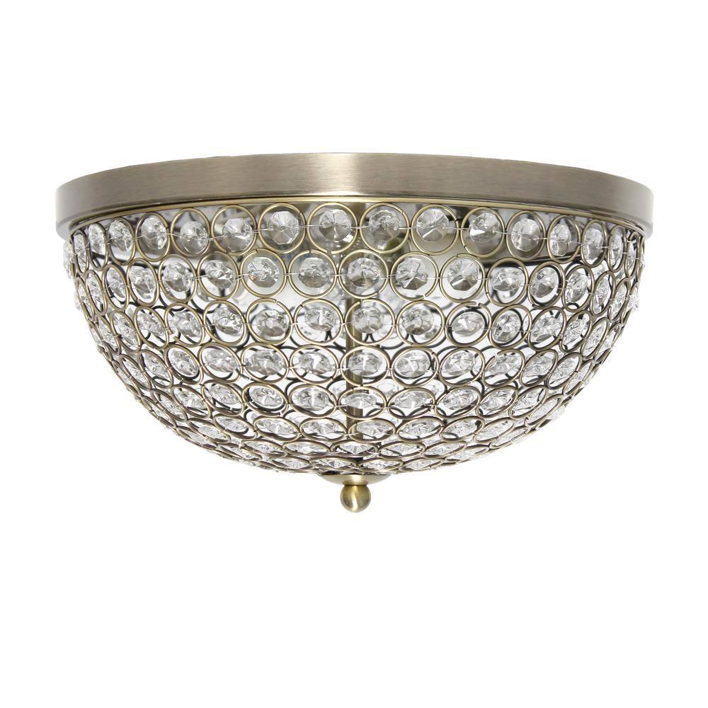 Elegant Designs Elipse Crystal 13" Modern Metal 2 Light Bowl Shaped Ceiling Flush Mount Fixture, Antique Brass