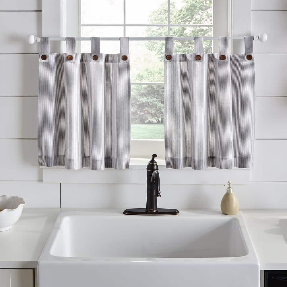 Tucker Ticking Stripe Button Tab Top Window Kitchen Tier Set of 2 - 30" x 24" - Gray - Elrene Home Fashions