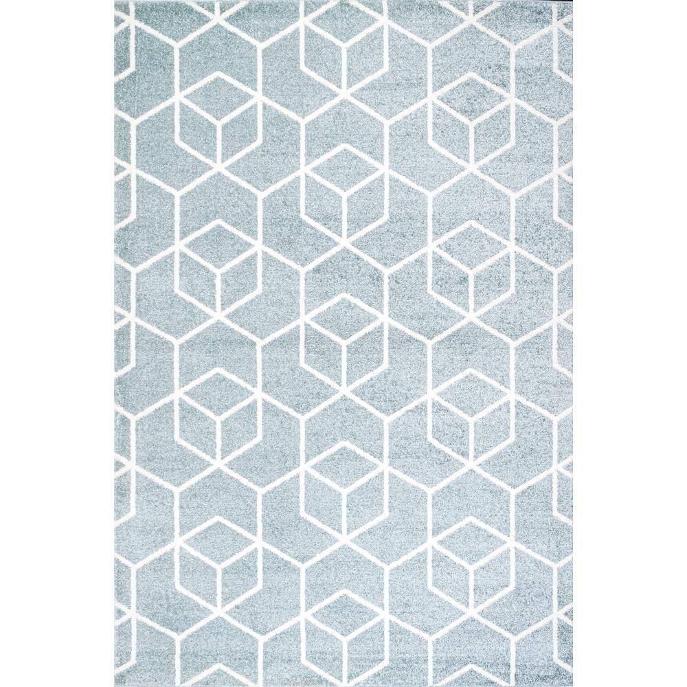 4'x6' Tumbling Blocks Modern Geometric Area Rug, Light Blue/White - JONATHAN Y