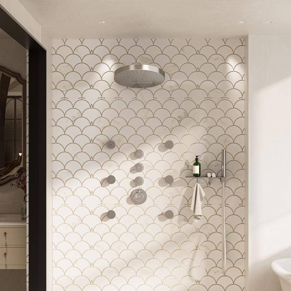 Rainfall Thermostatic Shower System with Body Jets, 2-Sprays Shower Head and a Shelf