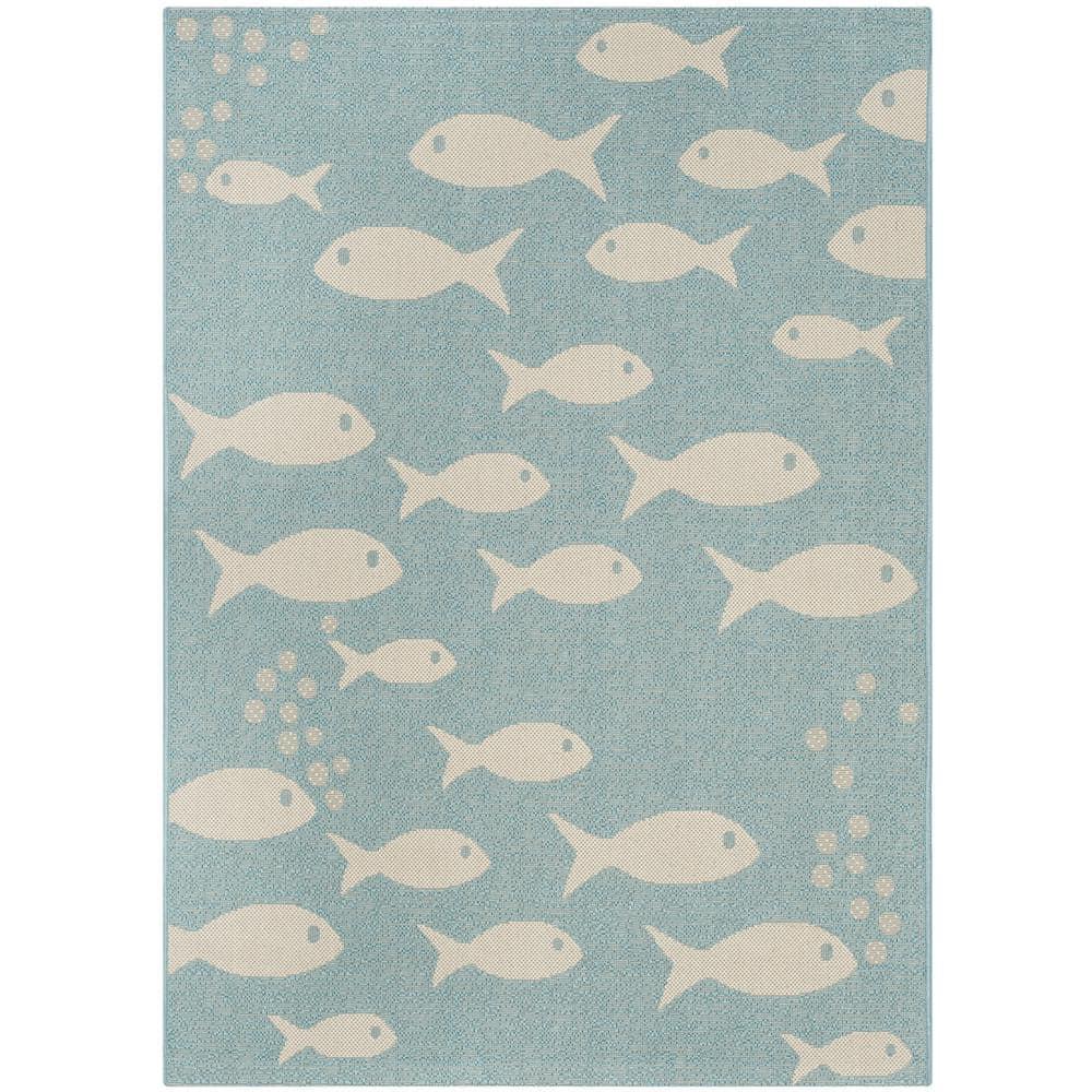 SAFAVIEH Courtyard Trena Fish Print Indoor/Outdoor Area Rug, 2'7" x 5', Aqua/Beige
