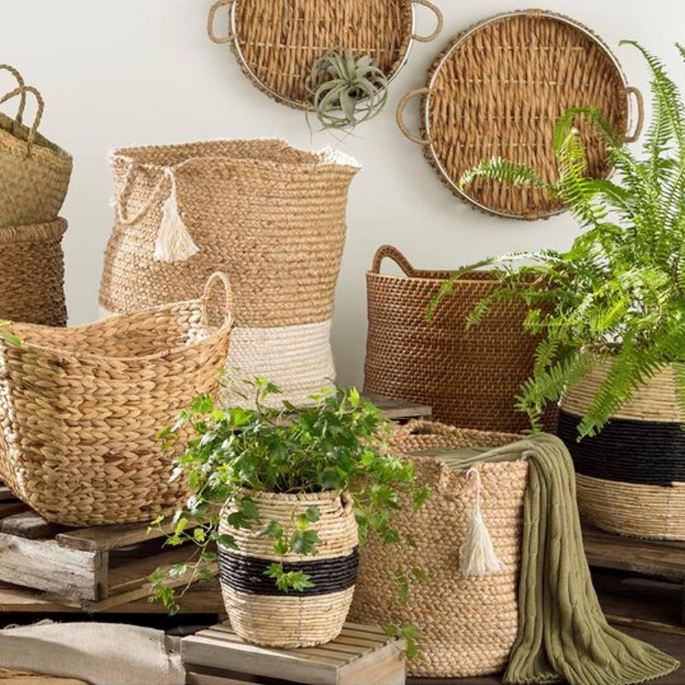 LR Home Woven Round Jute 17" Storage Basket with Handles, White Stripe