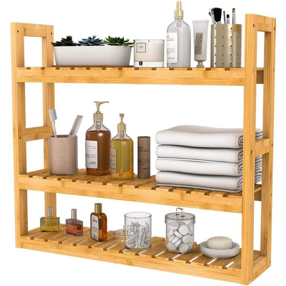 Domax Bamboo Bathroom Shelf 3-Tier Wall Mount Storage Rack Multifunctional Adjustable Layer Free Standing Over Toilet Utility Shelves Living Room Kitchen (Bamboo)