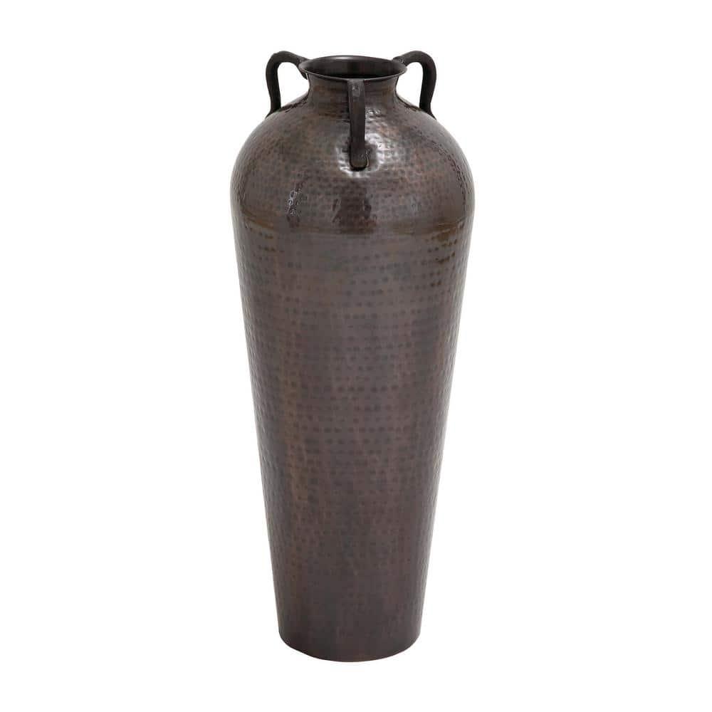 DecMode 32" Tall Floor Mediterranean Style Brown Metal Vase with Hammered Details and Handles
