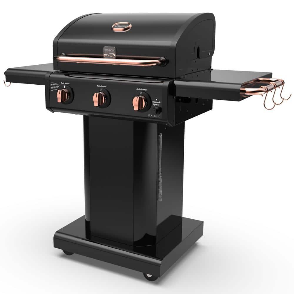 Kenmore 3-Burner Propane Gas Grill with Foldable Side Tables for Outdoor BBQ