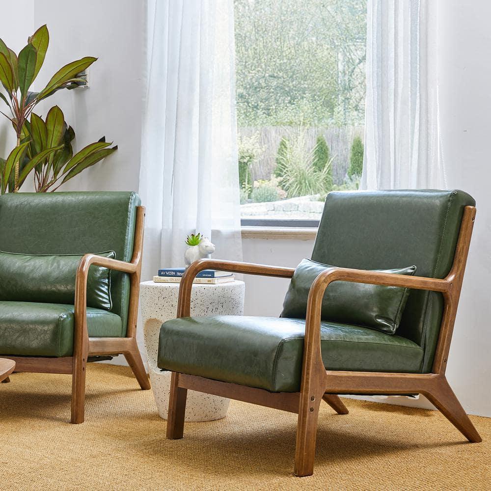 Glitzhome 2 Set Mid Century Hunter Green Accent Armchair, Single Reading Armchair PU Leather Lounge Chair with Walnut Ruberwood Frame
