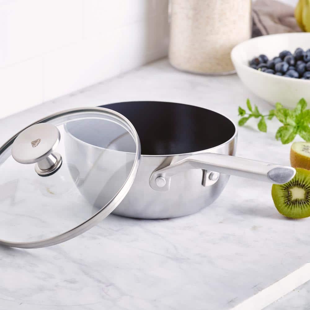 Blue Diamond Blue Diamond Cookware Tri-Ply Stainless Steel Ceramic Nonstick, 2.5QT Chef Saute Pan With Lid, PFAS-Free, Multi Clad, Induction, Dishwasher Safe, Oven Safe, Silver