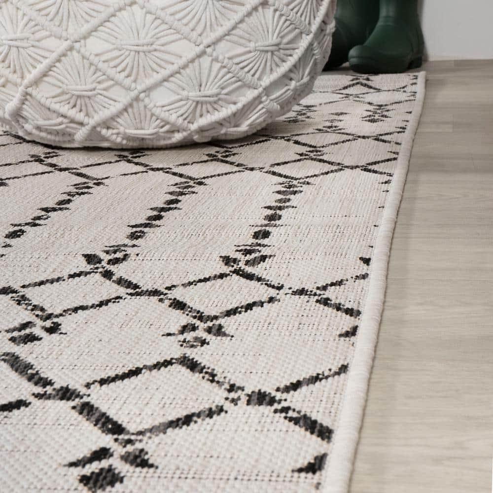 5' x 5' Ourika Moroccan Geometric Textured Weave Indoor/Outdoor Area Rug, Cream/Black - JONATHAN Y