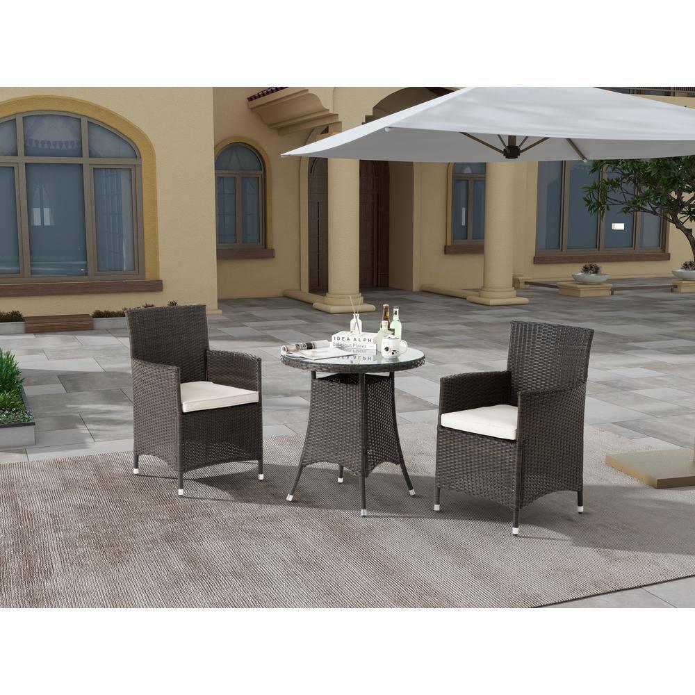 3 Piece Outdoor Dining Set, All-Weather Wicker Patio Dining Table and Chairs with Cushions and Round Tempered Glass Tabletop, Conversation Set for Patio Backyard Porch Garden Poolside, Brown