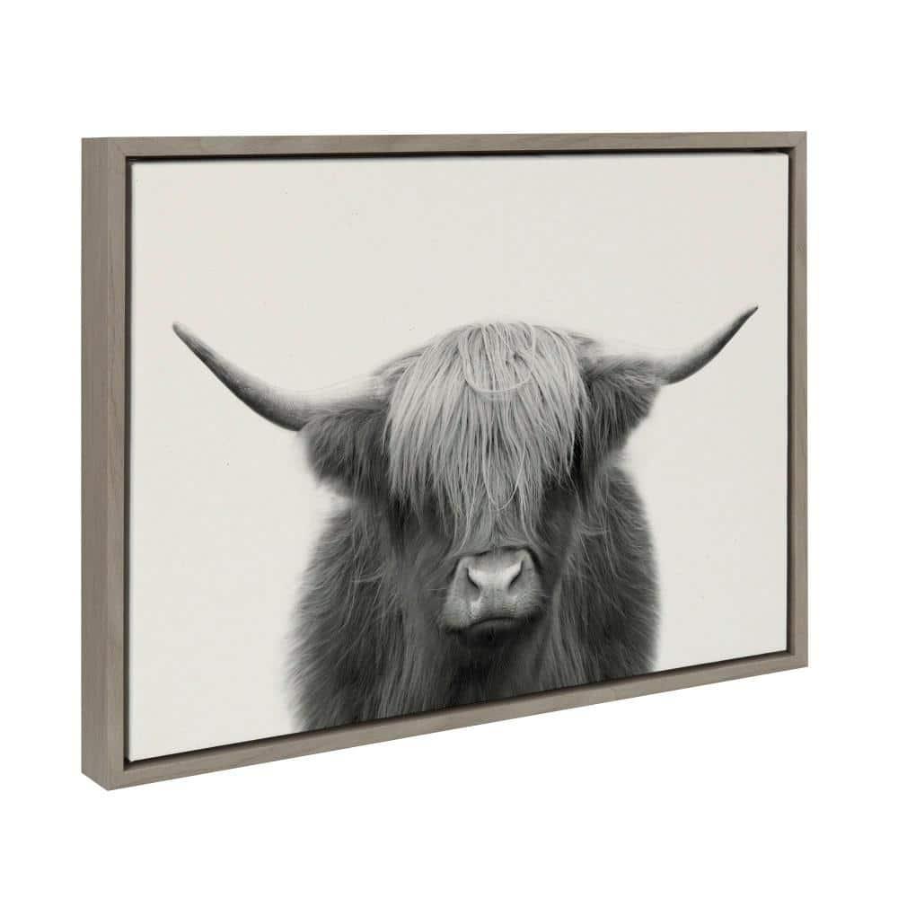 Kate and Laurel Sylvie Hey Dude Highland Cow Framed Linen Canvas by The Creative Bunch Studio, 18x24, Gray