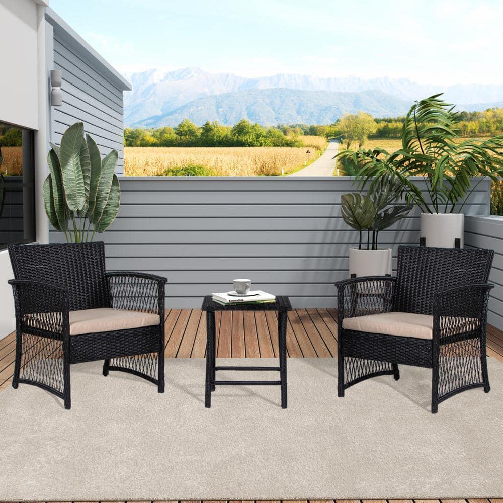 Polytrends Heritage Outdoor 3-piece Wicker Bistro Patio Set Black/Beige