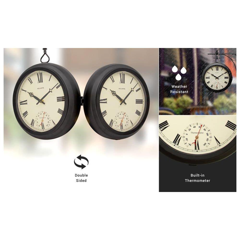 AcuRite 9-Inch Indoor/Outdoor Double-Sided Hanging Clock with 360-Degree Spin Functionality, Iron Metal Frame, Glass Lens, Quartz Crystal Movement, Weatherproof and Premium Thermometer (75140M),Black