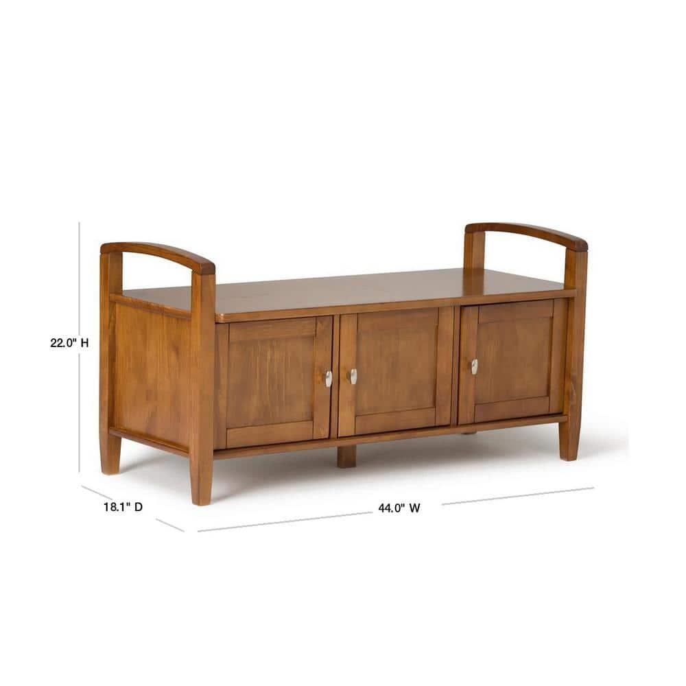 Simpli Home Warm Shaker Wood 44" Transitional Entryway Bench in Light Golden Brown