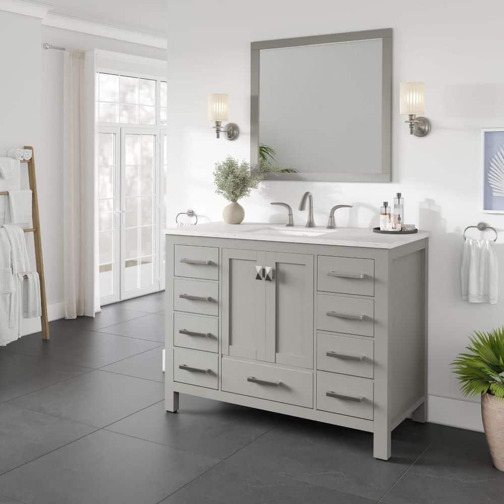 Eviva Aberdeen 42"W x 22"D Gray Bathroom Vanity with White Carrara Quartz Countertop and Undermount Porcelain Sink