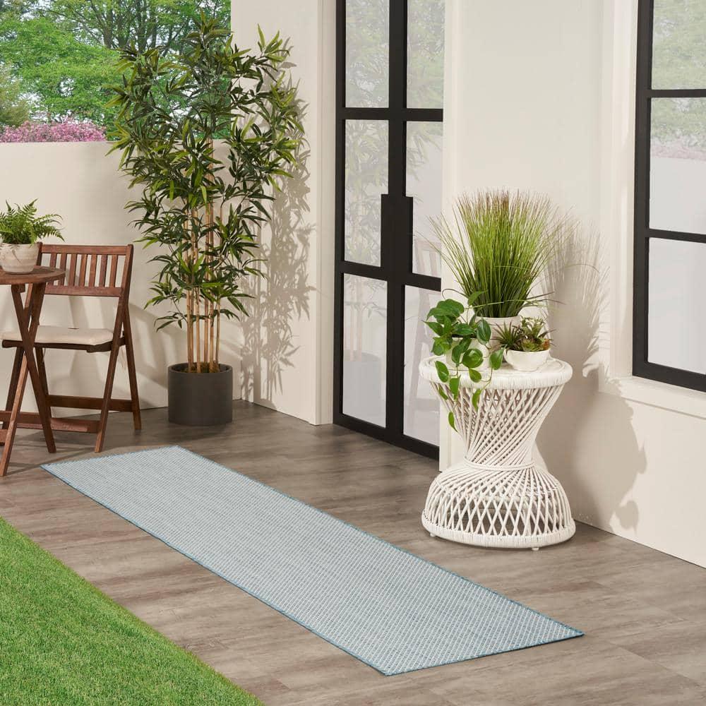 Nourison 2'2" x 8' Courtyard Modern Easy Care Flatweave Indoor Outdoor Runner Rug Ivory/Aqua