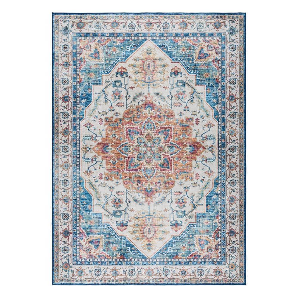 Gertmenian Crystal Print Tiefi Blue Red Multi Traditional Medallion Washable Flat Pile Indoor Area Rug