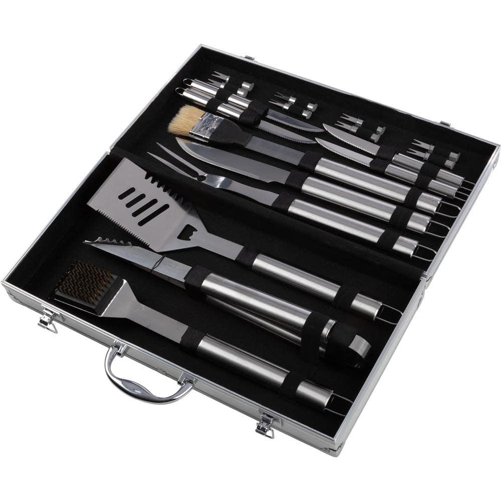 BBQ Grill Accessories Kit - 19-Piece Stainless-Steel Grilling Tools Set with Carrying Case - Camping Utensils for Summer Outdoor Cooking by Chef Buddy