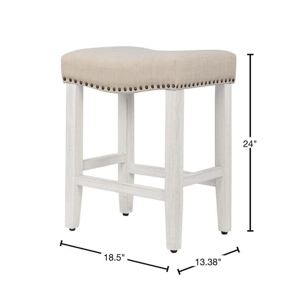 GRANDVILLE 24" Upholstered Bar Stool with Nail Head Trim (Set of 2), Antique White/Beige