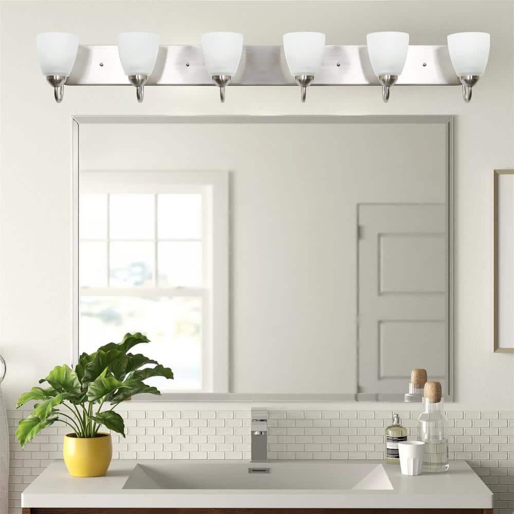 Kira Home Armada 49" 6-Light Over Mirror / Bathroom Light, Frosted Glass Shades, Curved Arms, Brushed Nickel