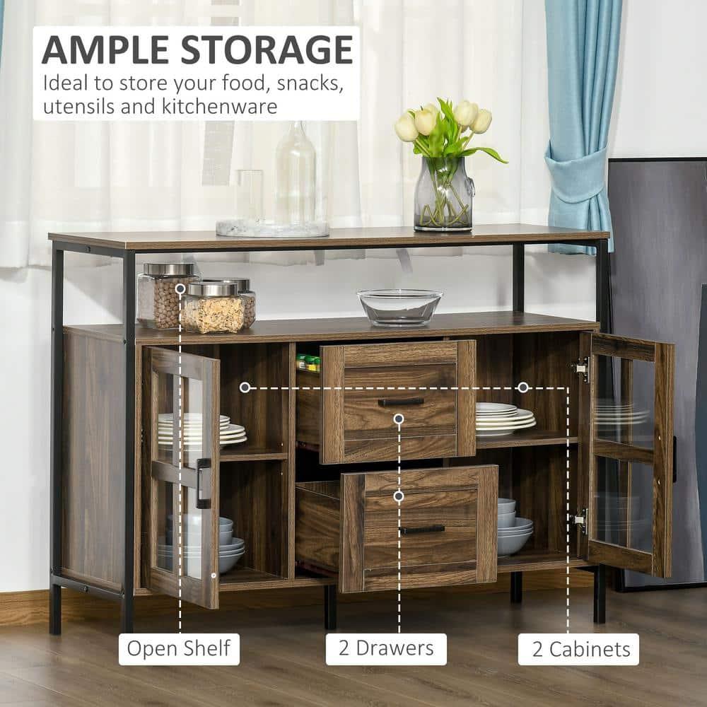 HOMCOM Rustic Kitchen Sideboard, Serving Buffet Storage Cabinet with Adjustable Shelves, Glass Doors, and 2 Drawers for Living Room