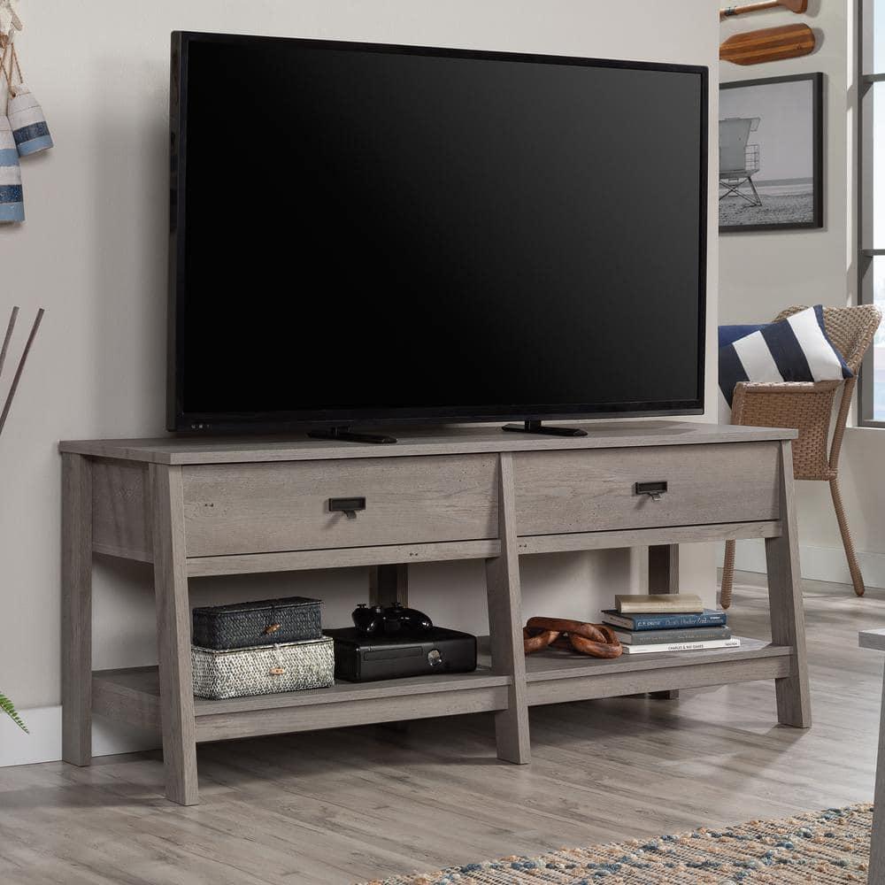 Sauder Trestle TV Stand with Drawers in Mystic Oak for TVs up to 60", Mystic Oak Finish