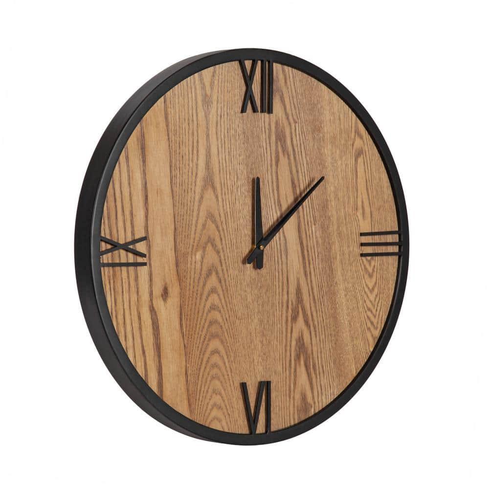 Kate and Laurel Pronte Modern Round Wood and Metal Wall Clock, 22 Inch Diameter, Rustic Brown and Black, Decorative Minimal Clock for Bedroom, Entryway, or Living Room Decor
