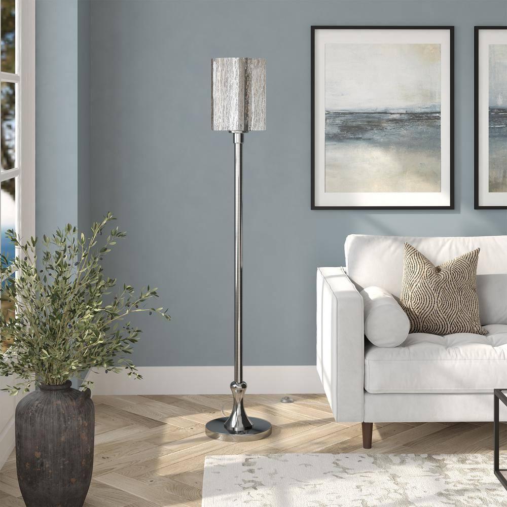 Evelyn&Zoe Numit 68.75" Tall Floor Lamp with Glass Shade, Brushed Nickel/Mercury Glass