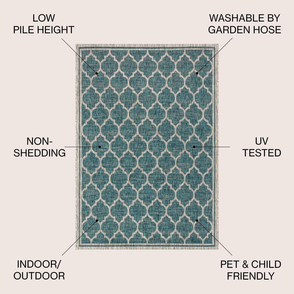 4'x6' Trebol Moroccan Trellis Textured Weave Indoor/Outdoor Area Rug, Teal/Gray - JONATHAN Y