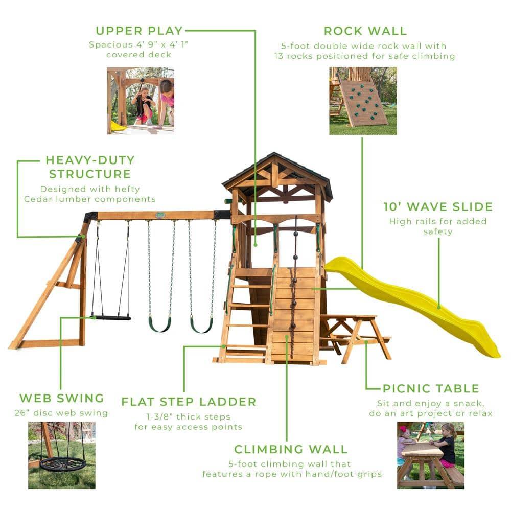 Backyard Discovery Endeavor II Cedar Wood Swing Set, Slide, Play Deck, Double Rock Wall