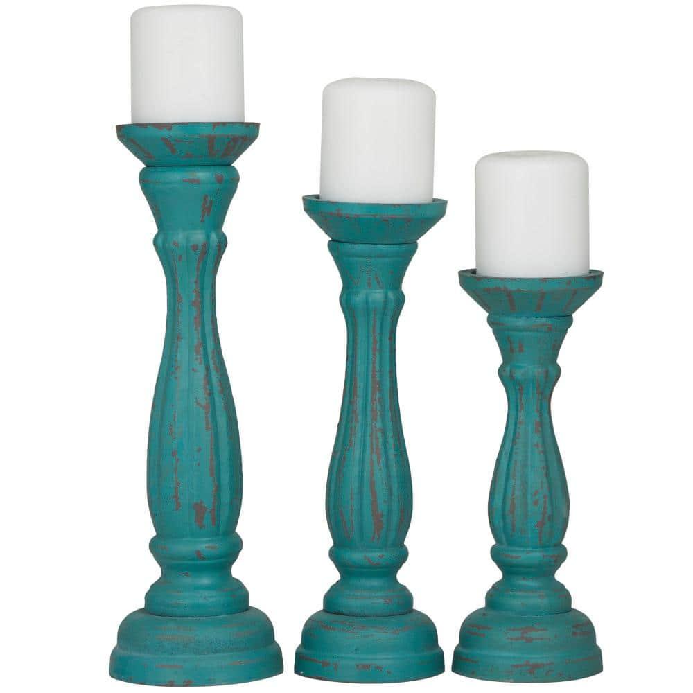 DecMode 3 Candle Blue Wooden Distressed Turned Pillar Candle Holder, Set of 3