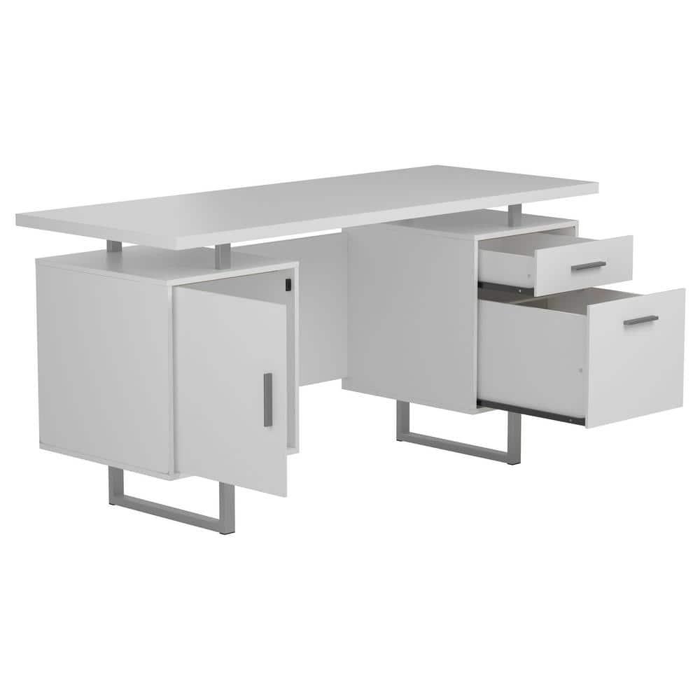 Lawtey 2 Drawer Office Desk White High Gloss - Coaster: Modern Home Office Furniture with File Storage
