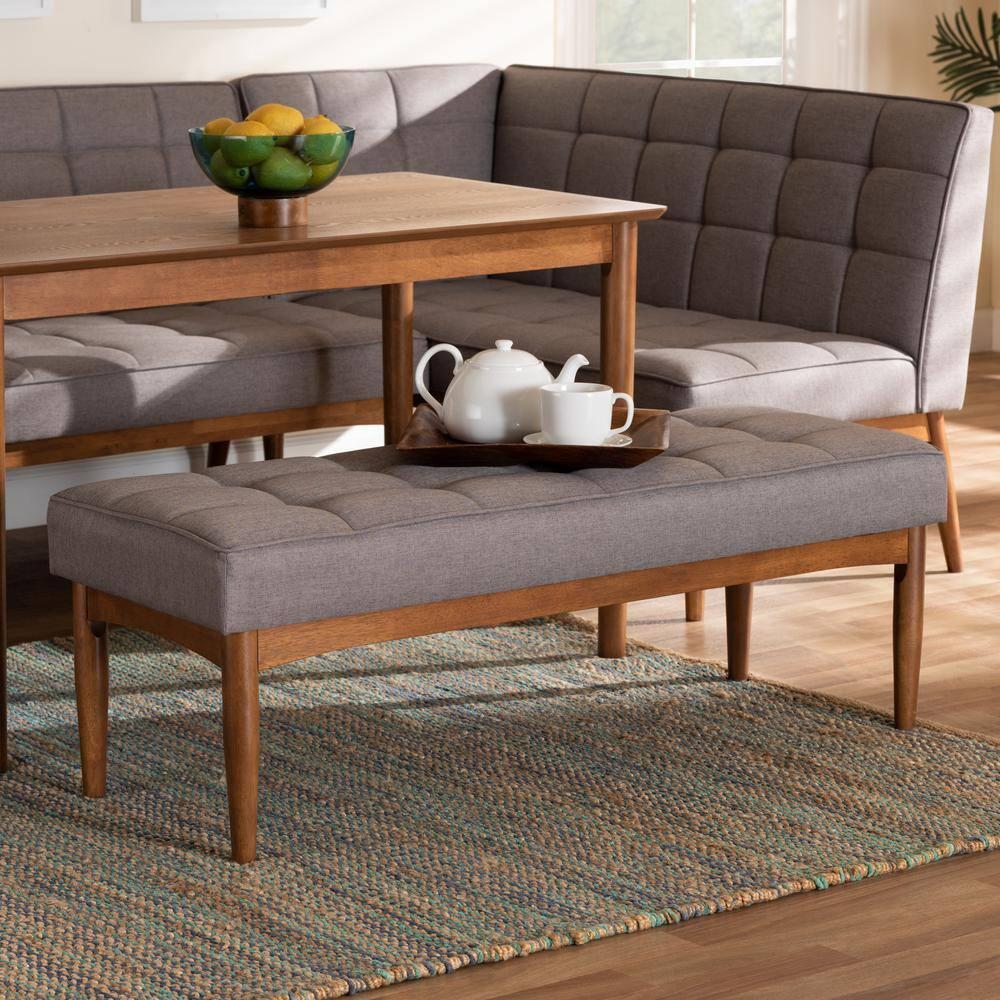 Sanford Wood Dining Ottoman Gray/Walnut Brown - Baxton Studio: Padded Fabric, Tufted Design, Angled Legs